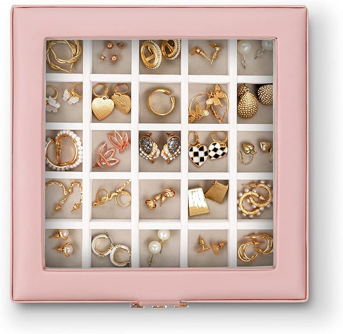 Glenor Co Earring Organizer - Classic 50 Section Jewelry Box/Case/Holder for Earrings, Rings, Necklaces, Jewelry, Cufflinks or Collections -2 Layer Small Compartments with Large Glass Top - Soft Pink - Image 2