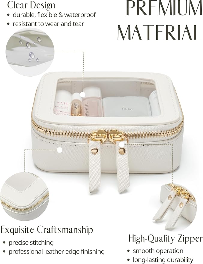 Small Cosmetic Bag for Purse Mini Makeup Bag for School Cute Clear Make Up Pouch for Travel Tiny Leather White Make Up Organizer Case for Backpack Toiletry Bag Waterproof Square Pouch with Zipper - Image 2