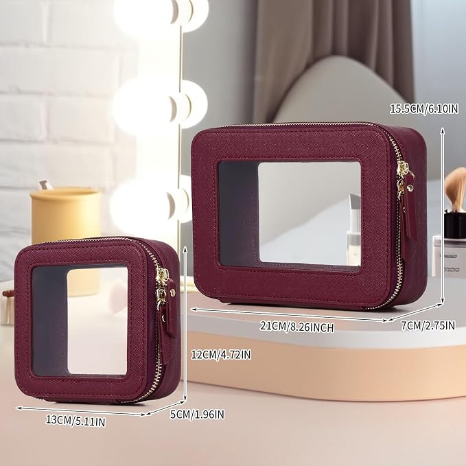 Pinkmik Clear Makeup Bag Waterproof Travel Case for Cosmetics and Toiletries Women's Purse Organizer and Clear Car Bag with Zipper (X/Burgundy, M+MINI) - Image 4