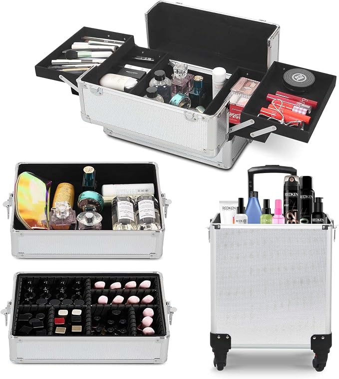 4 in 1 Rolling Makeup Train Case, Large Storage Cosmetic Trolley Makeup Travel Case with Key & Wheels Salon Barber Case Traveling Cart Trunk (SILVER) - Image 8