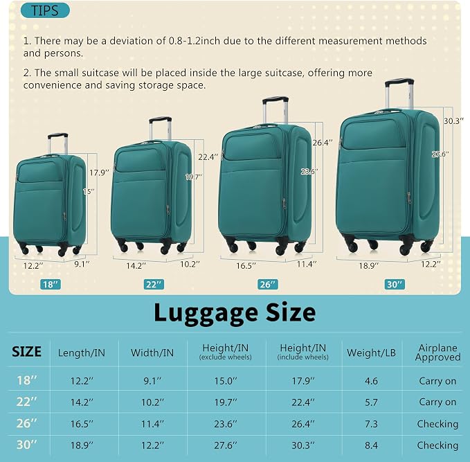 Merax Softside Luggage Set 4 Piece,18/22/26/30 Expand Suitcase,Blue Green | Lightweight Travel Suitcase with Wheels, Luggage with TSA Lock, Suitcase,Carry On Checked Luggage Set - Image 8