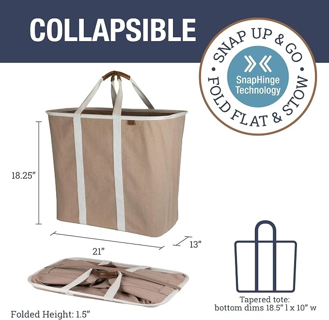CleverMade Collapsible Laundry Caddy LUXE, 64L, 2 Pack, Pop-Up Tote, Mocha | Premium fabric, sturdy handles and an upright frame turn bulky clothes into easier trips from bedroom to washer or laundromat - Image 2