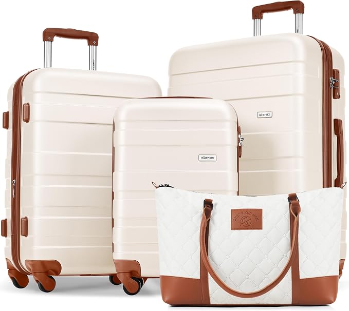 Merax 4 Piece Set ABS Hardside Suitcase Set Lightweight, Tough Scratch Resistant, Black Brown Stripe, 4-Piece Set by Merax
