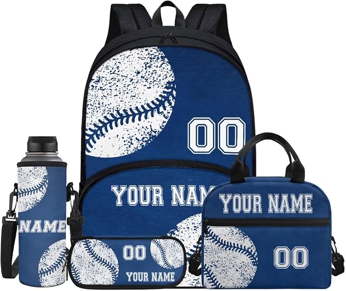 Boys Custom Baseball Blue School Backpacks Bookbags Laptop Daypack Knapsack Lunch Bag Pen Carrying Case Pouch Water Bottle Holder Bags with Name and Number for Girls Back to School by Jndtueit
