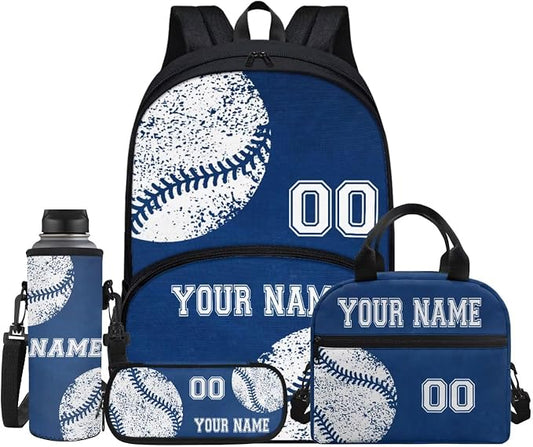Boys Custom Baseball Blue School Backpacks Bookbags Laptop Daypack Knapsack Lunch Bag Pen Carrying Case Pouch Water Bottle Holder Bags with Name and Number for Girls Back to School by Jndtueit