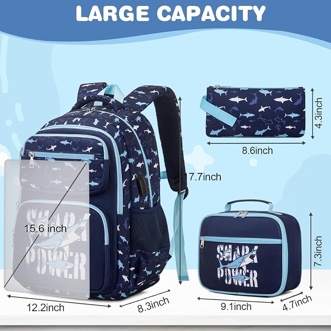 Bevalsa Kids Backpack for Boys with 14oz Insulated Bottle, School Bags for Kids & BPA-FREE Stainless Steel Metal Bottle with Straw Lid for Elementary Middle School Student (Shark) - Image 3