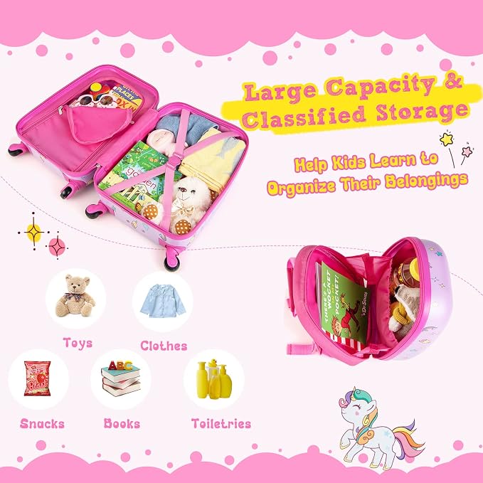 HONEY JOY Kids Luggage, 12" Toddler Backpack & 16" Travel Suitcase with Wheels, Lightweight Toddler Girls Suitcase, Durable ABS Hardshell, 2Pcs Carry On Luggage Set for Boys Girls(Pink Horse) - Image 6