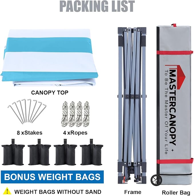 MASTERCANOPY 10x10 Pop Up Canopy Tent, 1 Person Setup Instant Shelter,Outdoor Portable Beach Canopy with Roller Bag, 4 Sandbags, 4 Ropes, 8 Stakes (10x10, Sky Blue Stripe) - Image 5