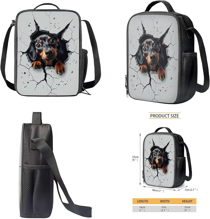 3D Dachshund Dog Print Backpack Set 17 Inch Schoolbag Large Capacity Bookbag Lunch Box Pencil Case Lightweight Travel Laptop Backpacks Rucksack Daypack with Zippered Pockets - Image 4