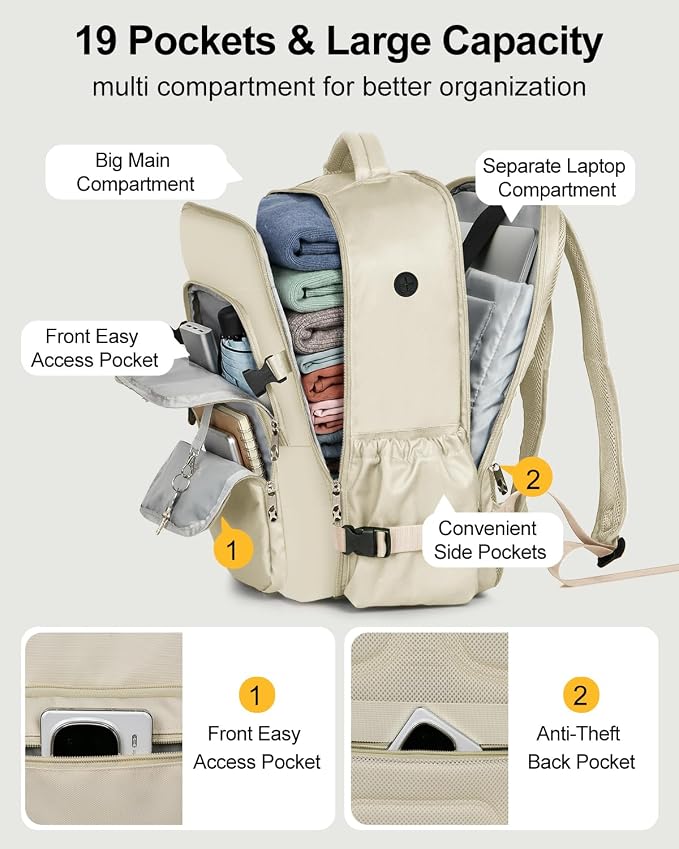 Travel Backpack for Women & Men, Carry On Personal Item Bag Flight Approved, Large Waterproof Laptop Backpack for Travel, Overnight, College & Commuting Beige - Image 6