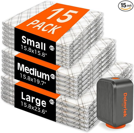 15pcs Vacuum Seal Bags for Clothing Travel, Cordless Pump, Carry-on Size Compression Packing Bags, 4000Pa Suction & 2000mAh Battery, Vacuum Storage Bags for Clothes, Luggage, Suitcase, Space Saver by DolmriekTravelVacuumBags