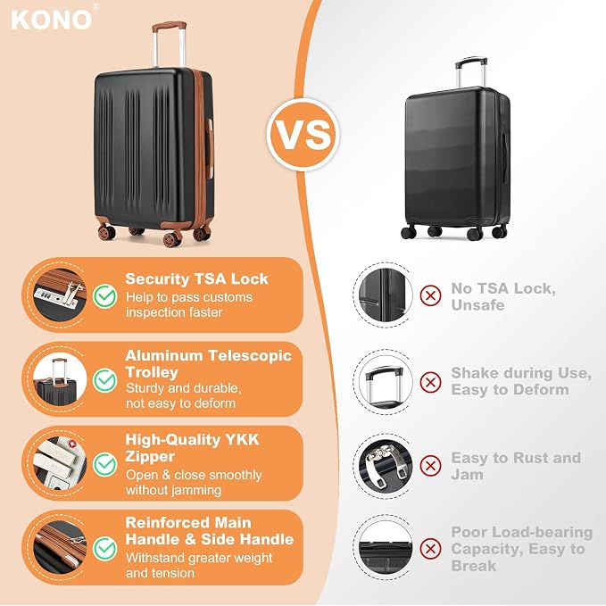 Kono Lightweight 28 Inch Expandable Luggage with Quiet Spinner Wheels TSA Lock, Scratch and Drop Resistant PC+ABS Hardside Durable Large Checked Suitcase, Black & Brown - Image 7