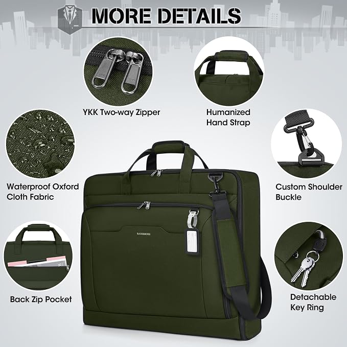RAINSMORE Garment Bags for Travel Carry On Garment Bag for Hanging Clothes, Suit Bag for Business Trips with Shoes bag & Shoulder Strap, Waterproof Foldable Suit Luggage Bag for Men Women, Green - Image 6