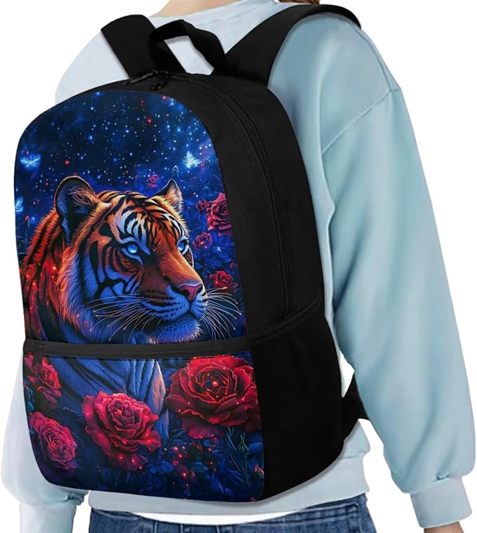 Aesthetic Tiger Backpack for Kids Girls Backpack with Lunch Box Water Bottle Carrier with Strap and Big Pencil Case 4PCS Set 17" Large Bookbag with Front Pocket Sturdy Elementary School Bag - Image 2