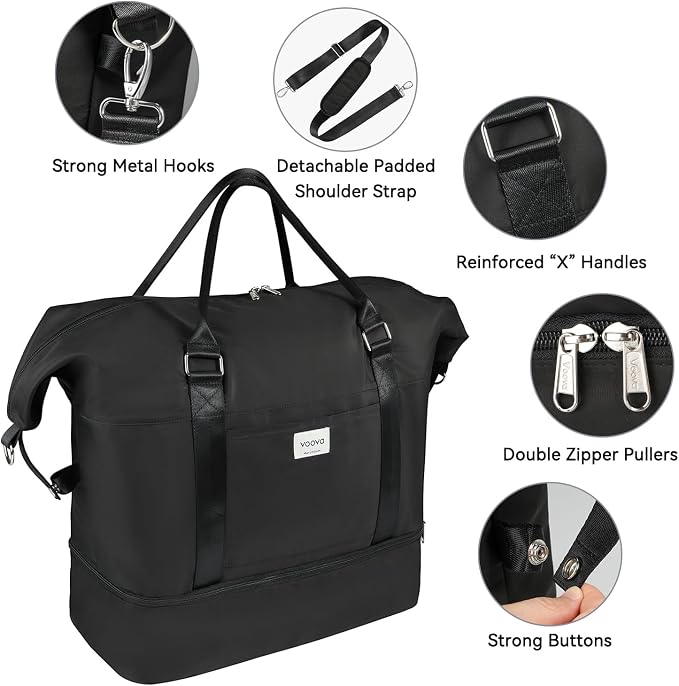 Voova Weekender Bags for Women, Large Travel Duffle Bag for Personal Item Travel with Shoes Compartment, Carry On Overnight Bag with Toiletry Bags 4 Pack Set for Men, Gym, Hospital, Yoga (Black) - Image 4