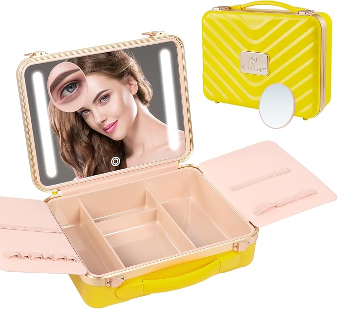 Kalolary Travel Makeup Train Cases with Lighted Mirror 3 Color Setting | Makeup Bag Cosmetic Organizer Adjustable Brightness Portable Makeup Storage Box with Detachable 5X Magnifying Mirror Yellow by Kalolary