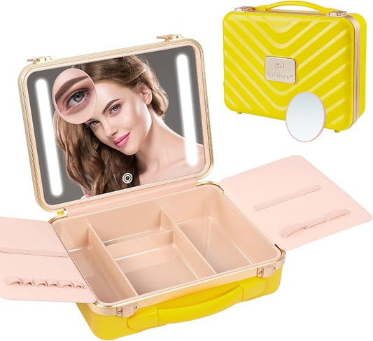 Kalolary Travel Makeup Train Cases with Lighted Mirror 3 Color Setting | Makeup Bag Cosmetic Organizer Adjustable Brightness Portable Makeup Storage Box with Detachable 5X Magnifying Mirror Yellow by Kalolary
