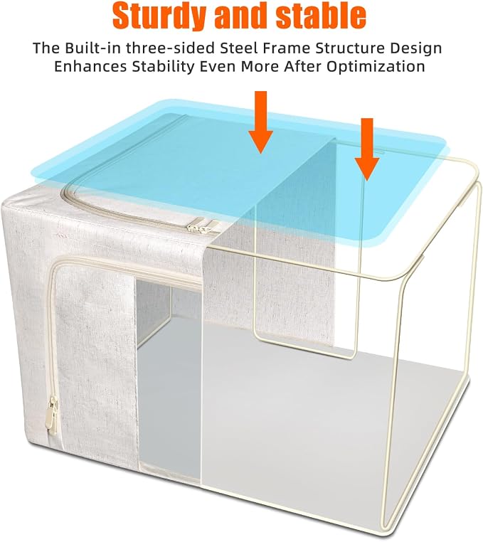 Foldable Clothes Storage Bins with Solid core powder-coated steel fram, 24/ 66L Storage Bags Fabric Box Organizer with Clear Window Zippers Sturdy Handles 2 Pack (Beige, 66L 2Pack) - Image 2