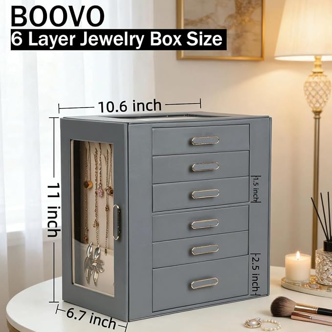 BOOVO Clear Lid Jewelry Box,6 Layers Jewelry Organizer Large Jewelry Storage Box with 6 Drawers,Jewelry Holder Organzier of Rings Earrings Necklace Bracelets for Women (Grey, 6 Layer) - Image 2