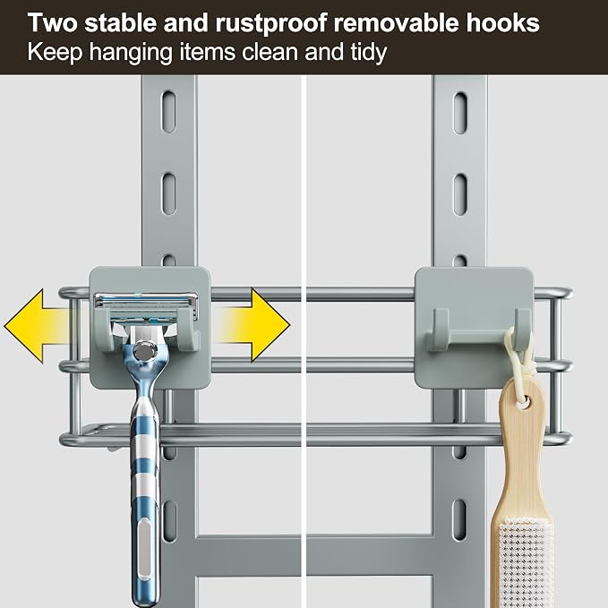 Orimade Adjustable Anti-slip Shower Caddy Overhead, Rustproof Hanging Shower Organizer With 2 Razor Hooks - No Drilling, 3-Tier Shelves, Silver Grey - Image 7