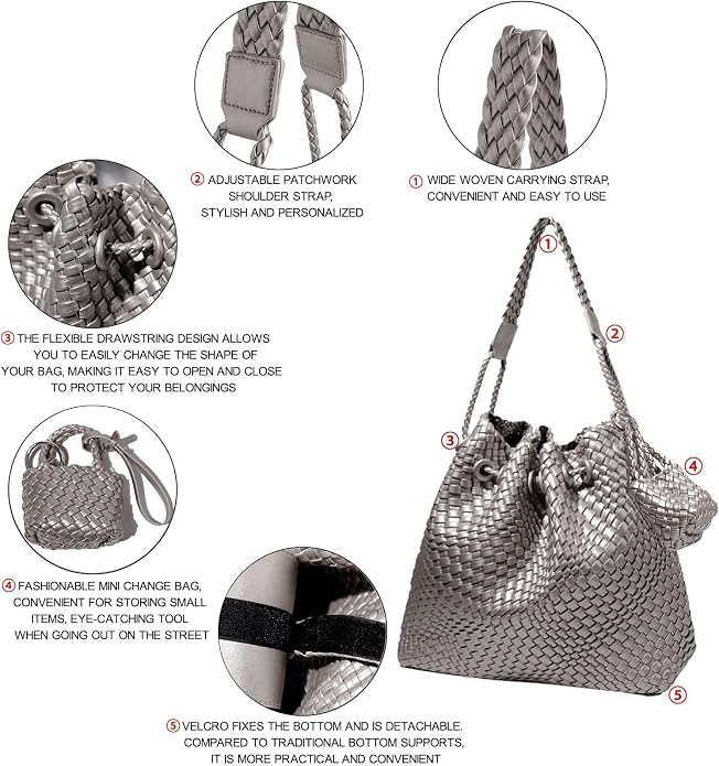 JINMANXUE Woven Purse for Women, Beach Hobo Shoulder Bag, Top-handle Tote Handbag, Shopper Underarm Satchel for Work Travel | Spacious Lightweight - Image 6