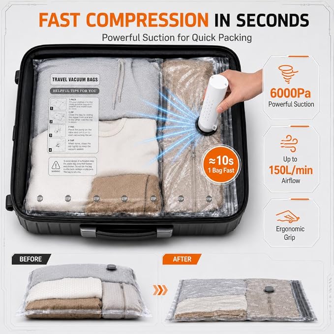 15 Pack Vacuum Storage Bags with Cordless Rechargeable Vacuum Pump, Travel Essentials Vacuum Seal Bags for Clothing, Compression Packing Cubes, Cordless Travel Vacuum Bag Set - Image 3