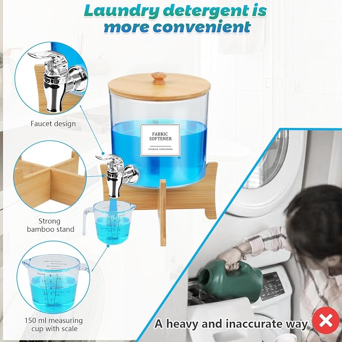 Laundry Detergent Dispenser*2 with Shelf & Bamboo Lid for Liquid Detergent, Laundry Soap Scent Booster & Fabric Softener Dispenser for Laundry Room Organization and Storage with 2 Cups & 20 Labels - Image 6