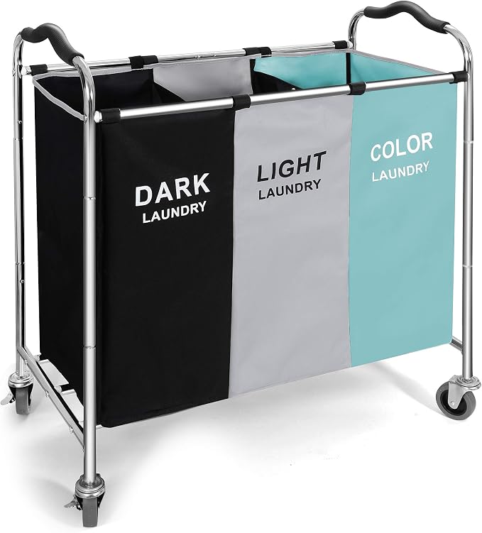 Laundry Basket, Large Laundry Hamper with Wheels, 3 Section Laundry Bag Organizer for Dirty Clothes; Dorm Room Essentials, Towel & Toys Storage Laundry Cart in Laundry Room Organization (Green) by Unknown