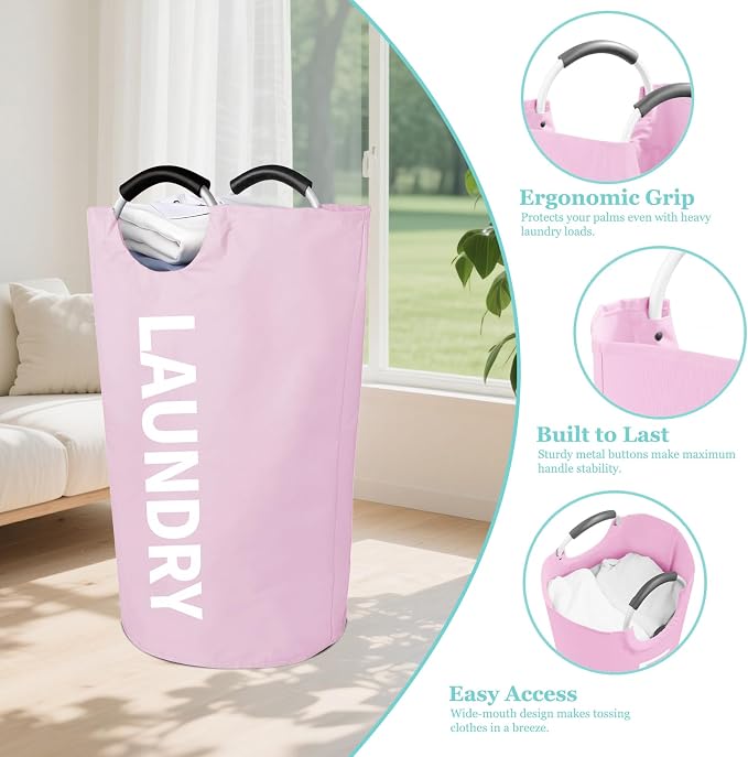 WOOHA 95L Large laundry basket,Collapsible laundry hamper, Tall Clothes Baskets Folding Washing Bin Foldable Fabric Hamper Bags for Bedroom, Closet,Bathroom,College,laundry bag,pink - Image 4