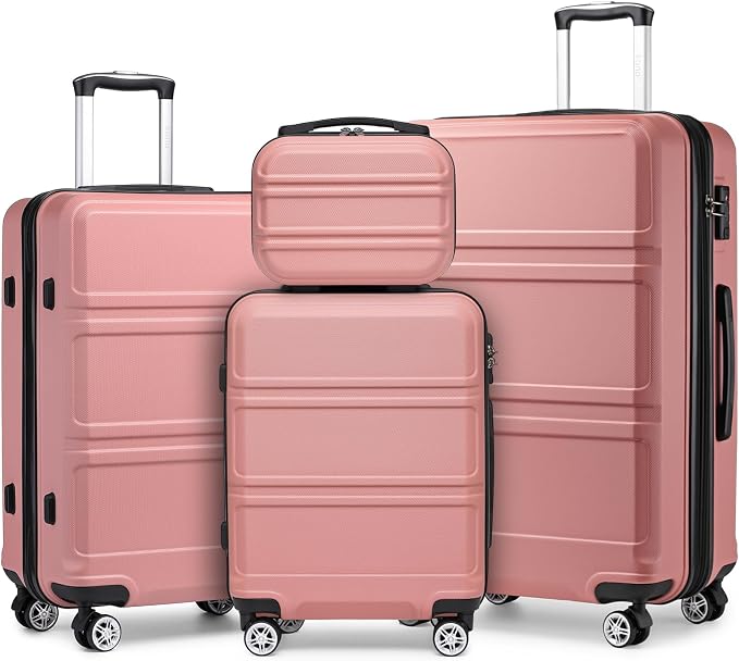 Kono 4 Piece Luggage Sets Expandable(only 28") with Spinner Wheels TSA Lock | Lightweight PC+ABS Hardside Travel Rolling Suitcases 20in 24in 28in Carry on and 12in Mini Cosmetic Case Nude Pink by Kono