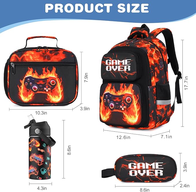 Bevalsa Kids Backpack for Boys with 14oz Insulated Bottle, Gamer Backpack School Bags for Kids & BPA-FREE Stainless Steel Metal Bottle for Elementary Middle School Student (Orange Flame) - Image 2