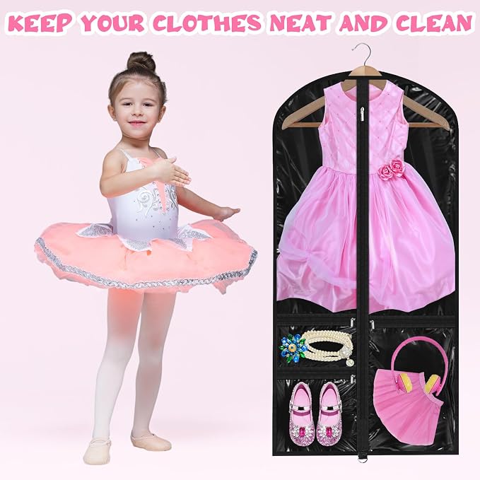 6 Pcs 24'' x 50'' Clear PVC Garment Bag Dance Costume Competition Bag with Rack Zippers Pockets Hanging Garment Covers Costume Organizer Costume Carrier for Adults Kids(Translucent Black) - Image 5