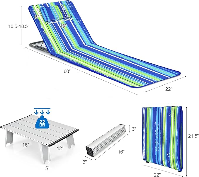 GYMAX Beach Chairs, Folding Tanning Lounge Chairs with Table Set, Adjustable Patio Floor Chair, Outdoor Sunbath Chair with Desk, Pillow & Storage Bag for Outside, Patio, Poolside (Blue Stripe) - Image 7