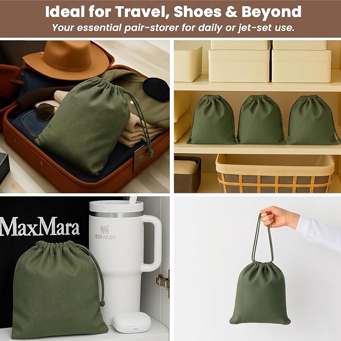 LFH Cotton Shoe Storage Bags with Drawstring, Breathable Dustproof Reusable Shoe Organizer for Travel, Gym, Dorm, Hotel, Machine Washable Easy Carry 12"x17" (Pack of 6), Military Green - Image 6
