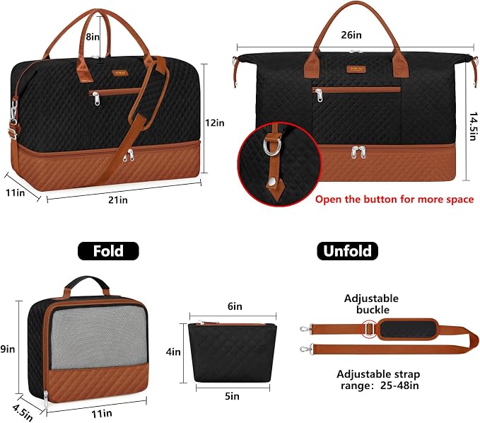 ITIEZY Weekender Overnight Bag for Women - Large Travel Duffel Bag with Shoe Compartment, Gym Duffel Bag Hospital Bag Carry On Tote Bags for Airplanes with Crossbody Bag Toiletry Bag 3Pcs Set - Image 6