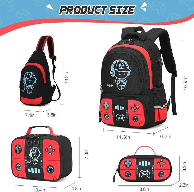 Bevalsa Backpack for School Boys, Cool Luminous Gamer Boys Schoolbag with Sling Bag,Lunch Box & Pencil Case for Kids Children Teens Elementary Middle School(Red Backpack with Shoulder Bag) - Image 2