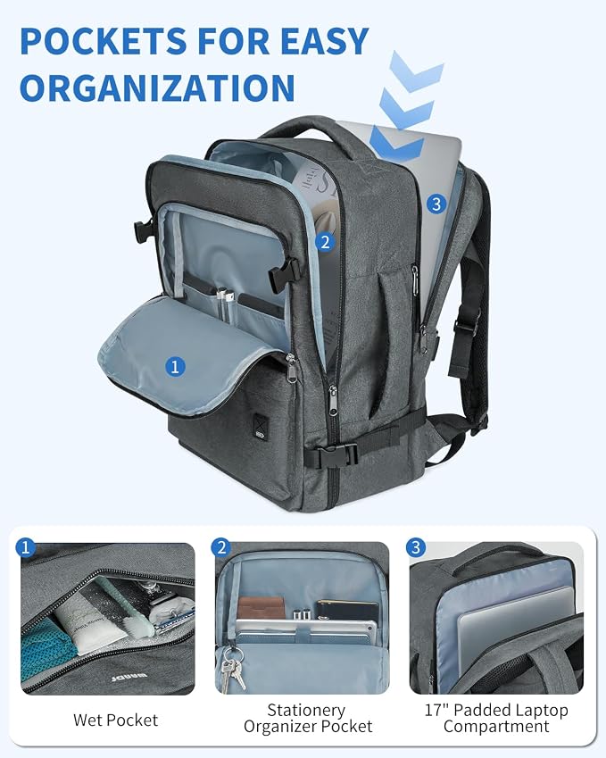 WANDF Travel Backpack For Spirit Airlines Personal Item Bag 18x14x8 with Wet Pocket, 17 Inch Laptop Backpack for Men Women | Frontier Airline Underseat Fit, Fits 17" Laptop, 180°Opening, Travel Backpack - Image 4