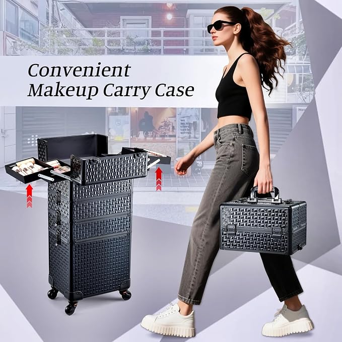 4 in 1 Rolling Makeup Trolley Train Case Cosmetic Suitcase Nail Tech Box for Makeup Artist, Hairstylists, Nail Tech Case with with Keys Swivel Wheels Traveling Trunk (Shiny Brick) - Image 7