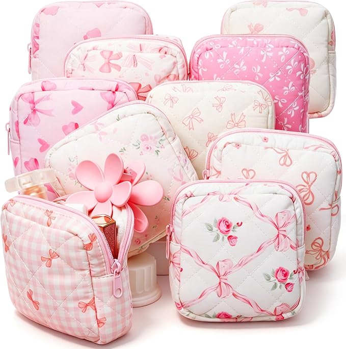 Paterr 10 Pcs Quilted Makeup Bag Bulk Cotton Floral Cosmetic Bag Women Girls Bridesmaid Gifts Cute Makeup Pouch Coquette Aesthetic Travel Toiletry Organizer(Pink Bow,5.12 x 4.72 x 1.97 Inches) by Paterr