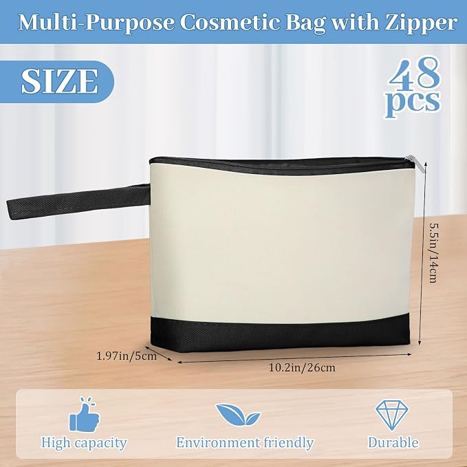 Silkfly 48 Pcs Cotton Canvas Makeup Bags Cosmetic Zipper Bags 10.2 x 5.5 x 2'' Blank DIY Pouch Bulk Pencil Case with Bottom Travel Toiletry Pouch for Women Craft Decor Gift (Beige and Black) - Image 2