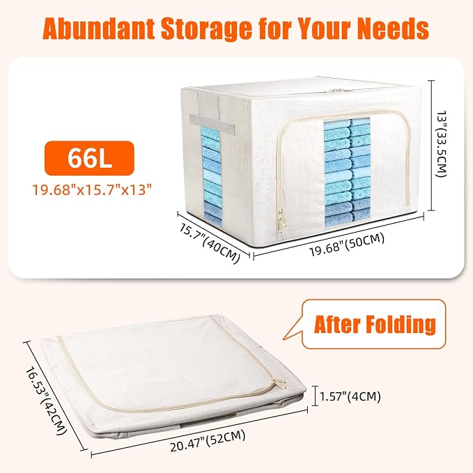 Foldable Clothes Storage Bins with Solid core powder-coated steel fram, 24/ 66L Storage Bags Fabric Box Organizer with Clear Window Zippers Sturdy Handles 2 Pack (Beige, 66L 1Pack) - Image 5