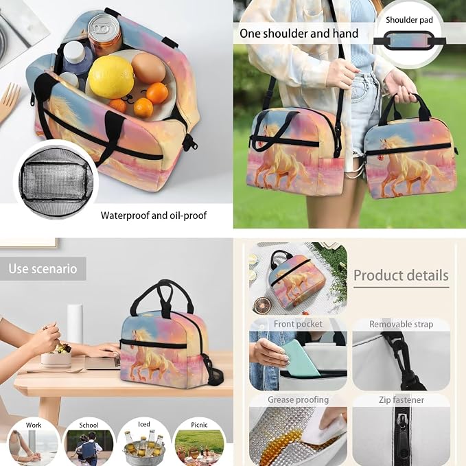 Horse Print School Backpack for Kids Children Teens,4Pcs Horse Animal School Bag Set Large Pencil Holder Pouch Crossbody Water Bottle Holder Bag Insulated Lunch Box Back to School Gift - Image 5