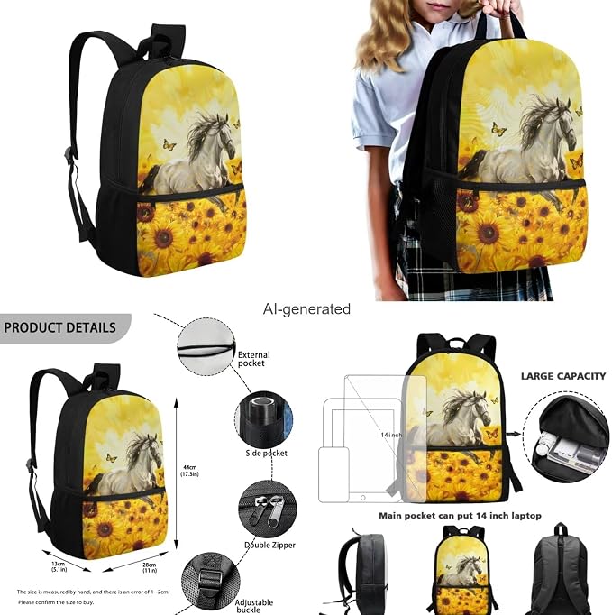 White Horse Backpack for Middle School Girls with Lunchbox Pencil Case, Lightweight School Book Bag for Kids Elementary Preschool Aesthetic Back to School Bookbag for Students - Image 3