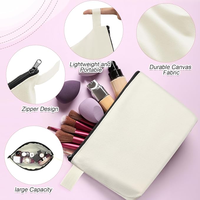 Reginary 60 Pcs Cream Canvas Makeup Bag Bulk Portable Travel Cosmetic Pouch Versatile Blank Toiletry Bag with Zipper for Women DIY Craft Purse Pencil Case (9.8 x 5 x 2 Inch) - Image 3