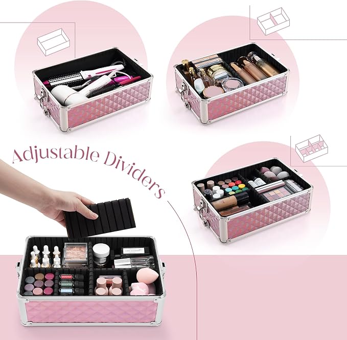 Faquenc Rolling Makeup Train Case 3 in 1 Cosmetology Case on Wheels Makeup Organizers Nail Tech Storage Cart Cosmetic Trolley Travel Barber Suitcase for Make up Manicure Hair Lockable, Shiny Pink - Image 4