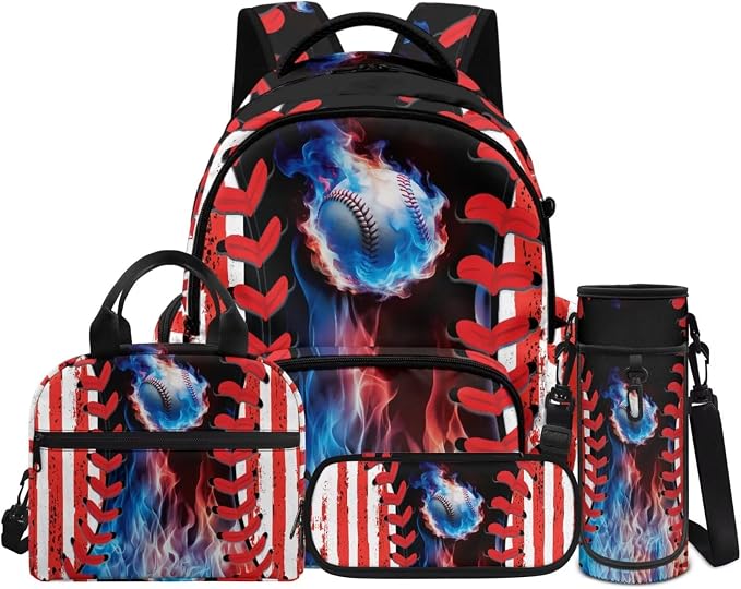 Baseball Backpack 4 Pieces American Flag School Backpack with Lunch Bag Handbag Pencil Case Water Bottle Sling Bag Elementary Middle Rucksack Travel Bookbag by Unknown
