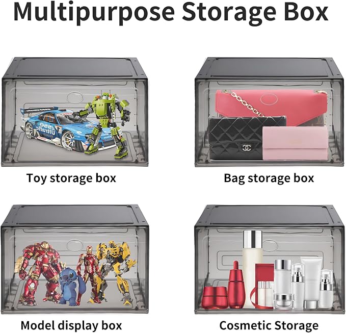 Large Shoe Boxes Clear Plastic Stackable, 8 Pack Drop Side Shoe Storage Organizer with Magnetic Door, Shoe Container Sneaker Storage Display Case Fit up to US Size 13 Black - Image 4