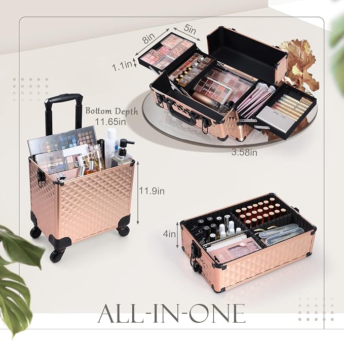 3 in 1 Professional Rolling Makeup Train Case Aluminum Trolley Case with 360° Rotation Wheels for Makuep Artist Cosmetic Suitcase Organizer with Lock and Key Diamond Pattern - Rose Gold - Image 2
