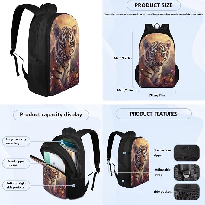 Tiger Backpack for Kids Girls Backpack with Lunch Box Water Bottle Carrier and Canvas Pencil Pouch 4PCS Set Cute Bookbag with Compartments 17 inch Sturdy School Bag with Side Pocket for Boys - Image 4