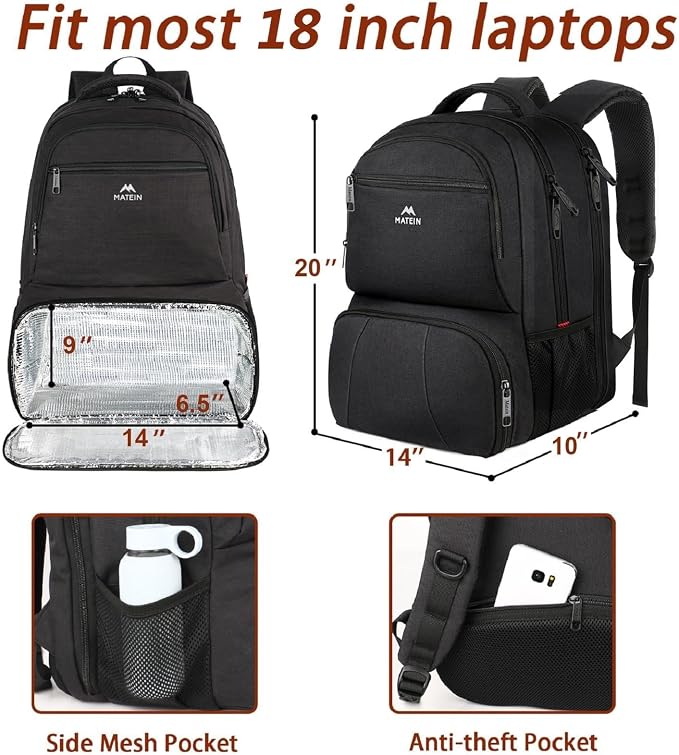 MATEIN Lunch Backpack for Men, 18 Inch Large Insulated Backpack Cooler with Lunch Compartment, Water Resistant Laptop Back pack with Lunch Box Bag for Work Travel Business College Picnic - Image 5
